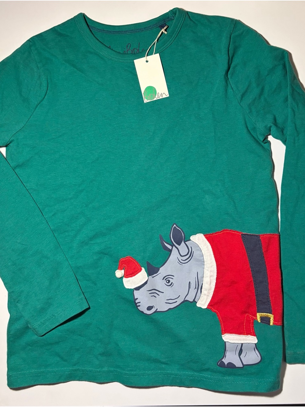 Mini Boden 11-12Y Teal Long-Sleeve Tee with Festive Rhino Appliquey
